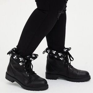 Torrid Black Lace-Up Ankle Boots with Mickey Mouse Patterned Cuff